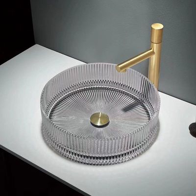 حوض غسيل زجاجي باللون الرمادي ، خطوط عمودية أسطوانية ، مغاسل حوض الحمام