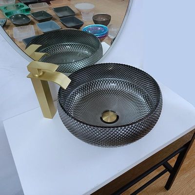 180 مللي متر تصميم إيطالي فضي بالوعة الحمام حوض غسيل دائري أزرق على سطح الطاولة