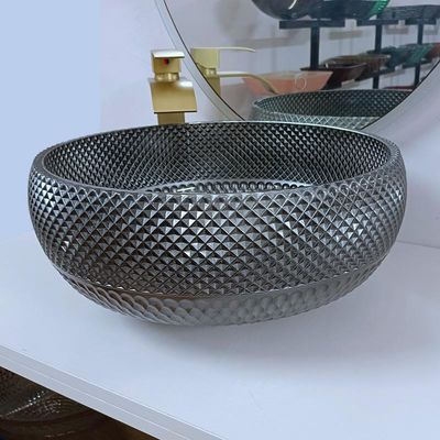 180 مللي متر تصميم إيطالي فضي بالوعة الحمام حوض غسيل دائري أزرق على سطح الطاولة