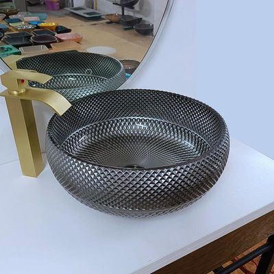 180 مللي متر تصميم إيطالي فضي بالوعة الحمام حوض غسيل دائري أزرق على سطح الطاولة