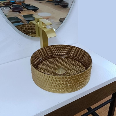 حوض غسيل زجاجي ذهبي دائري حوض غسيل من الكريستال
