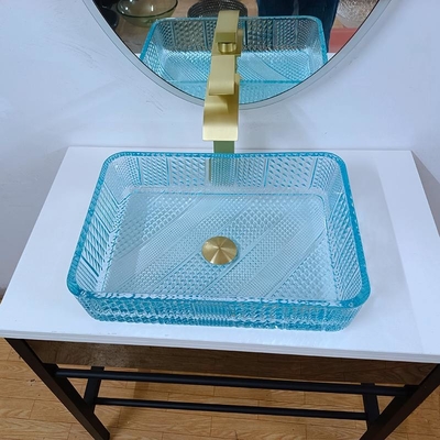 460mm الطول مستطيل حوض غسيل المياه الحمام الزجاجي 330mm العرض الماء الأزرق اللون