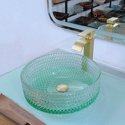 حوض غسيل زجاجي كريستالي على شكل ماسي ، حوض غسيل علوي ، قاع أخضر