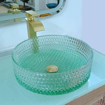 حوض غسيل زجاجي كريستالي على شكل ماسي ، حوض غسيل علوي ، قاع أخضر